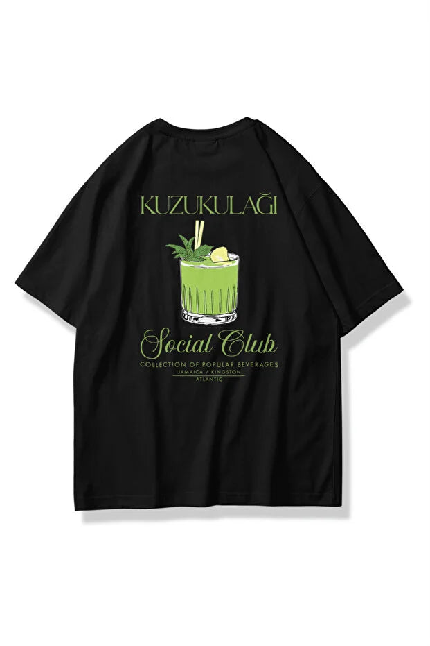 Siyah Unisex Kuzu Kulağı Kokteyl Baskılı Oversize Tişört