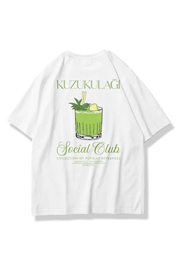 Beyaz Unisex Kuzu Kulağı Kokteyl Baskılı Oversize Tişört
