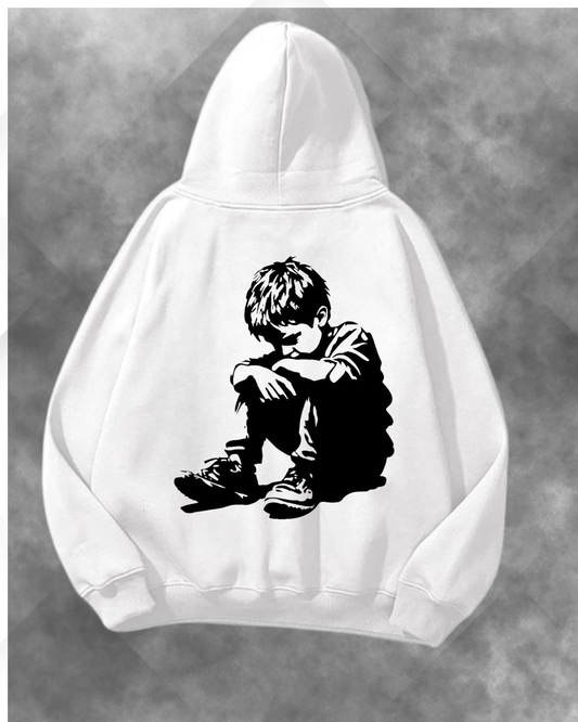 Sad Boy Siluet Baskılı Unisex Oversize Kapüşonlu Sweatshirt