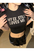 Siyah My Ex Stıll Loves Me Taş Baskılı Crop
