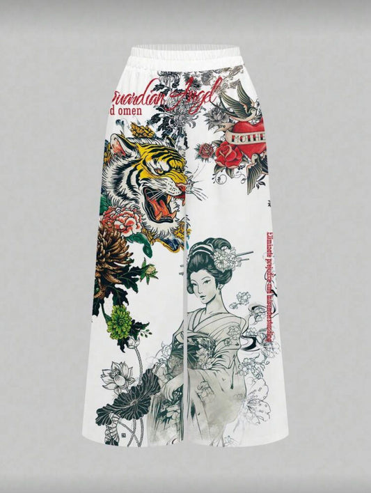 Beyaz Flower And Tiger Detaylı Avant Dijital Baskı Eşofman Altı