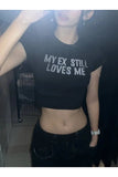 Siyah My Ex Stıll Loves Me Taş Baskılı Crop