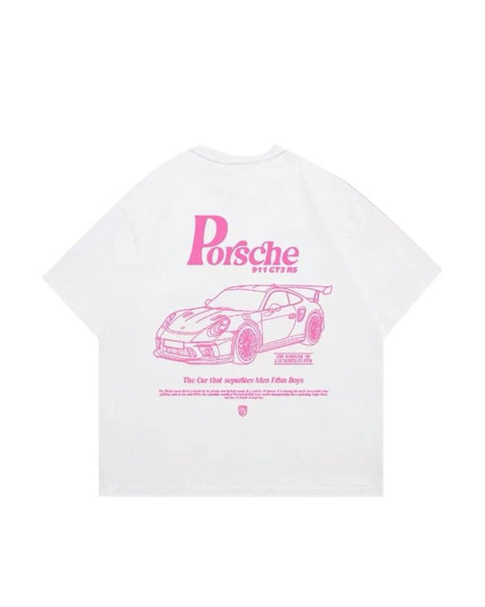 Beyaz Porsche 911 GT3 RS Baskılı Oversize Unisex Tişört