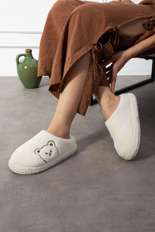 Bej Tatlı Ayıcık Yumuşak Tüylü Peluş Panduf Terlik