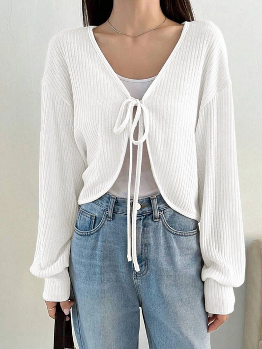 Beyaz Balon Kollu Bağcıklı İp Bağlama Y2K Hırka