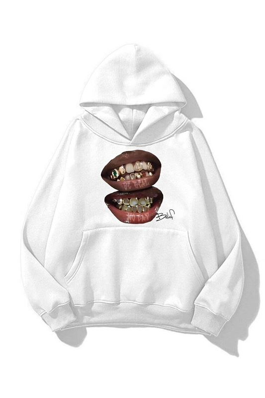 Beyaz Belief Baskılı Unisex Oversize Kapüşonlu Sweatshirt