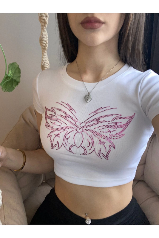 Beyaz Butterfly Kelebek Renkli Parıltılı Taş Baskılı Crop Body