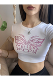 Beyaz Butterfly Kelebek Renkli Parıltılı Taş Baskılı Crop Body
