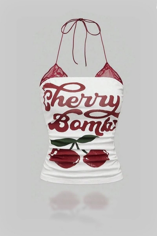 Beyaz Cherry Bomb Dantelli Ek Askılı Crop