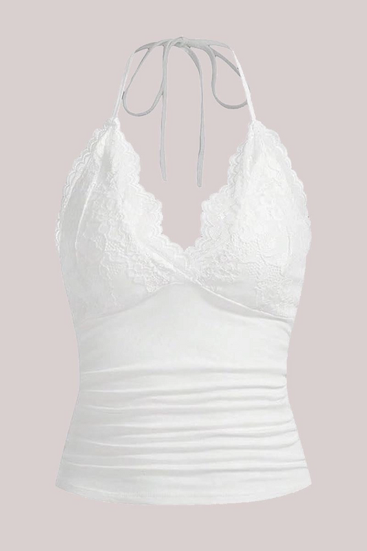 Beyaz Dantelli Bağlamalı Askılı Crop