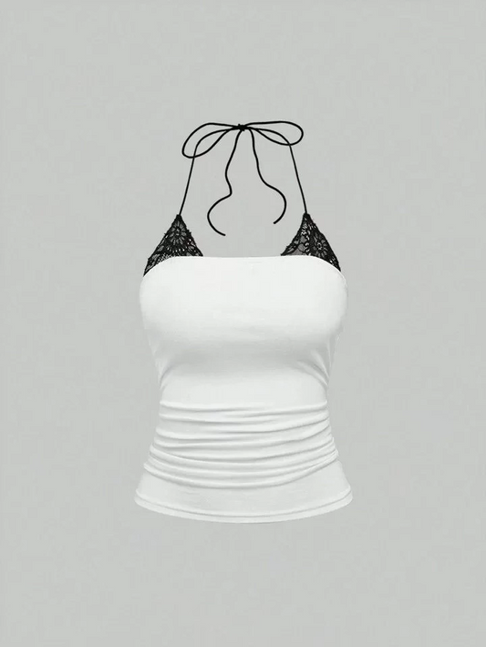 Beyaz Ek Dantelli Basic Crop