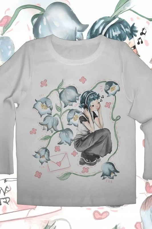 Beyaz Girl İn Flowers Gotik Y2K Uzun Kollu Crop