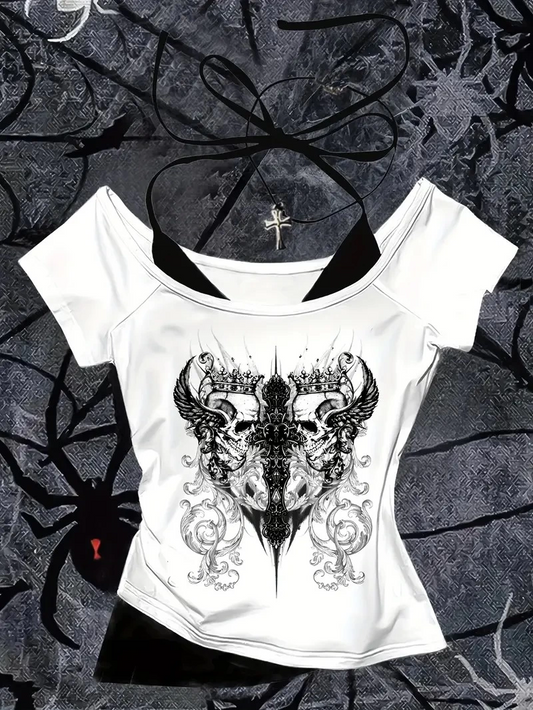 Beyaz Gothic Angel Yaka Ek Askılı Kısa Kollu Full Body Crop