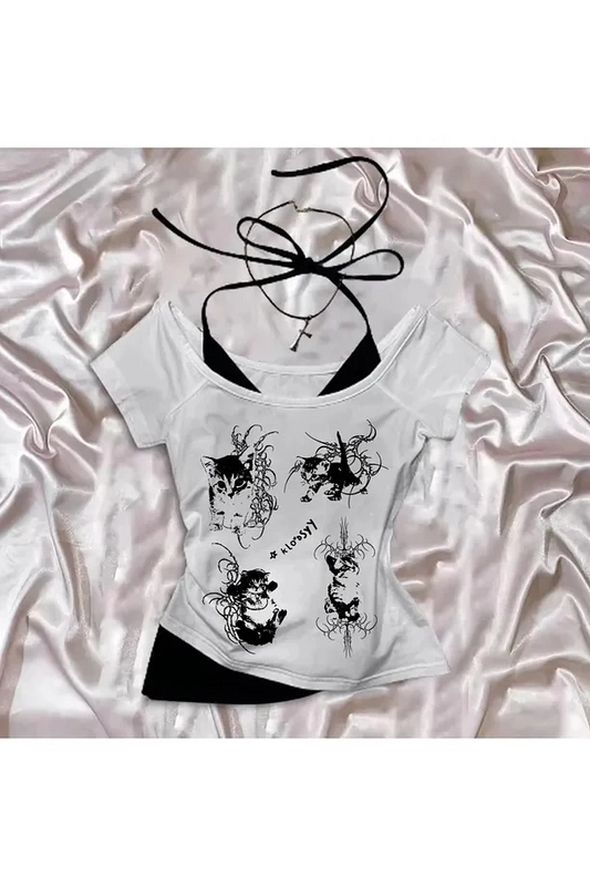Beyaz Gothic Cat Yaka Ek Askılı Kısa Kollu Full Body Crop