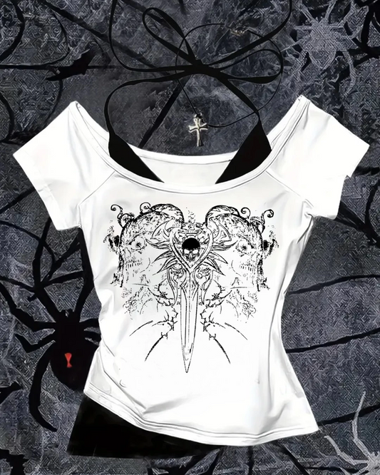 Beyaz Gothic Skeleton Yaka Ek Askılı Kısa Kollu Full Body Crop