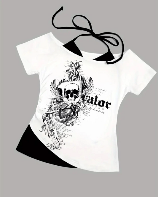 Beyaz Gothic Victory Yaka Ek Askılı Kısa Kollu Full Body Crop