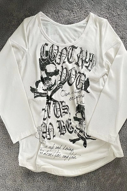 Beyaz Gotik Skulls Control Geniş Yaka Y2K Uzun Kollu Crop