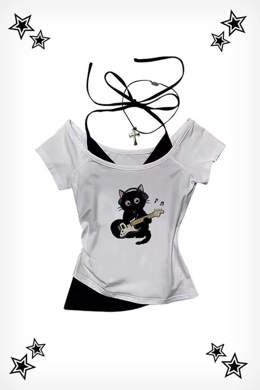 Beyaz Guitar Cat Madonna Yaka Ek Askılı Kısa Kollu Crop