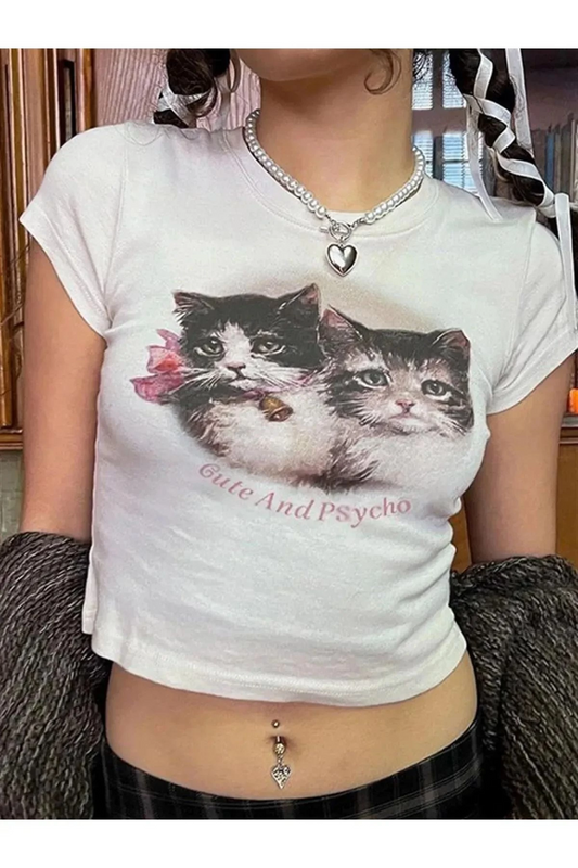 Beyaz Kedili Cute And Psycho Baskılı Kadın Crop Body
