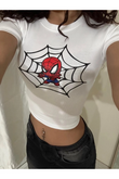 Beyaz Mini Spiderboy Baskılı Kadın Crop Body