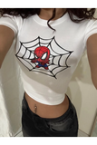 Beyaz Mini Spiderboy Baskılı Kadın Crop Body
