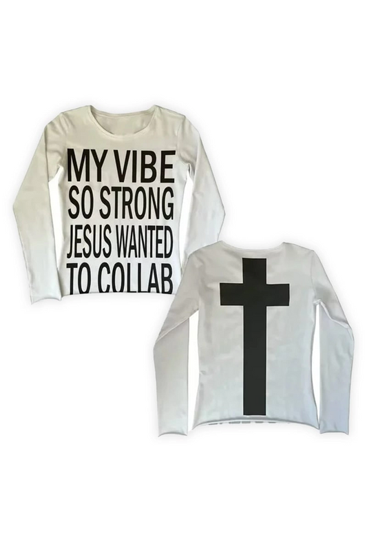 Beyaz My Vibe Cross Sırt Baskılı Y2K Uzun Kollu Crop