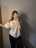 Beyaz Pembe Butterfly Taş Baskılı Kısa Kol T-shirt