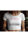 Beyaz Pembe Kurdele Fiyonk Desen Kadın Crop Body