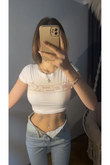 Beyaz Pembe Parıltılı Taşlı Cosmic Yazılı Kadın Crop Body