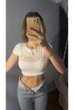 Beyaz Pembe Parıltılı Taşlı Cosmic Yazılı Kadın Crop Body