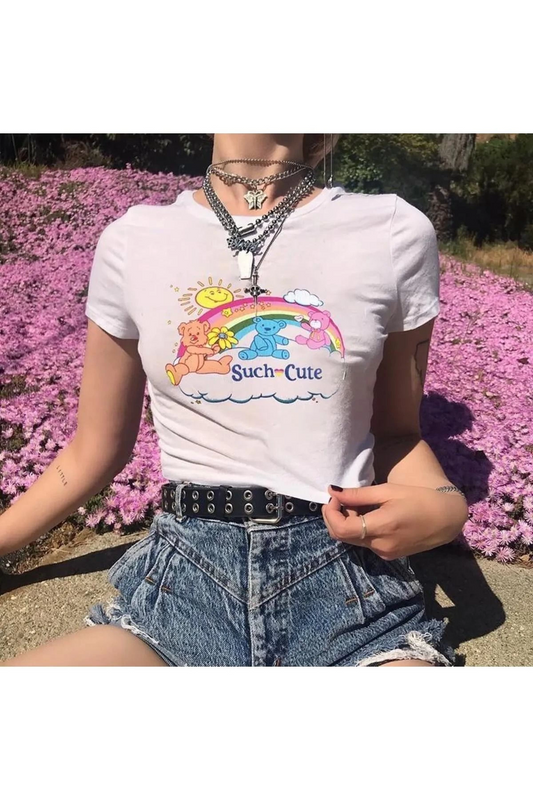 Beyaz Such Cute Bear Ayıcık Baskılı Kadın Crop Body