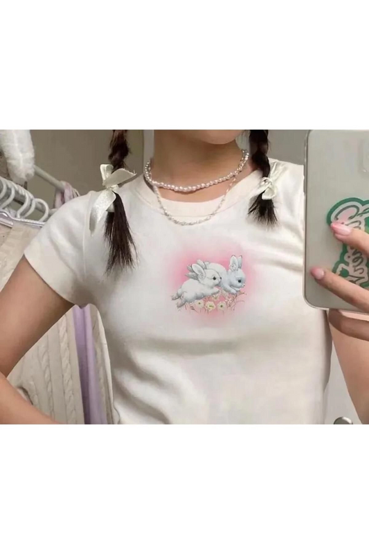 Beyaz Tavşan Rabbits Heart Baskılı Kadın Crop Body