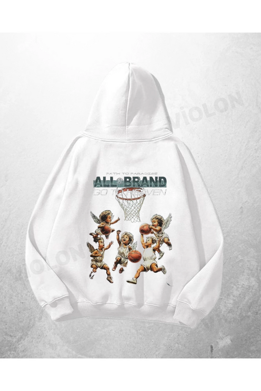 Beyaz Unisex All Brand Baskılı Oversize Hoodie Sweatshirt