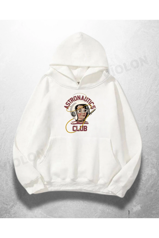 Beyaz Unisex Astronauts Club Baskılı Oversize Hoodie Sweatshirt