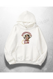 Beyaz Unisex Astronauts Club Baskılı Oversize Hoodie Sweatshirt