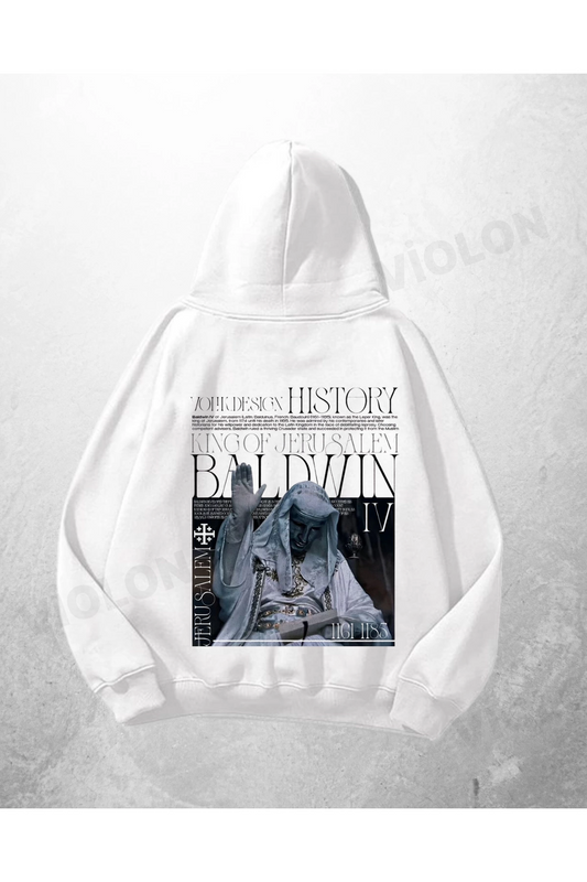 Beyaz Unisex Baldwin IV Baskılı Oversize Hoodie Sweatshirt