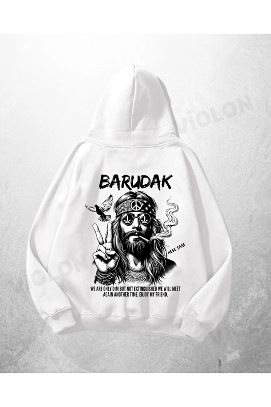 Beyaz Unisex Barudak Baskılı Oversize Hoodie Sweatshirt