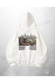 Beyaz Unisex Black Metal Logo Baskılı Oversize Hoodie Sweatshirt