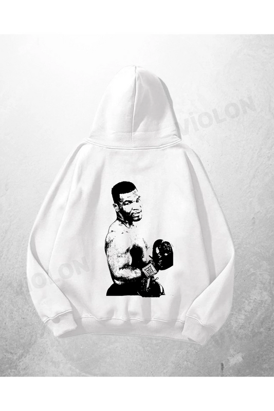 Beyaz Unisex Boksör Baskılı Oversize Hoodie Sweatshirt