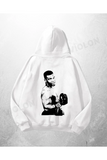 Beyaz Unisex Boksör Baskılı Oversize Hoodie Sweatshirt