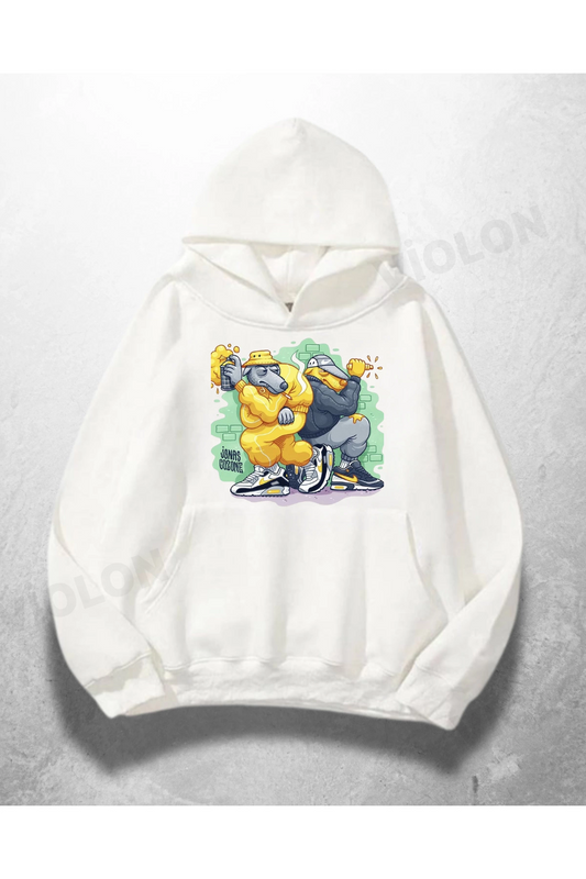 Beyaz Unisex Boxer Bears Baskılı Oversize Hoodie Sweatshirt