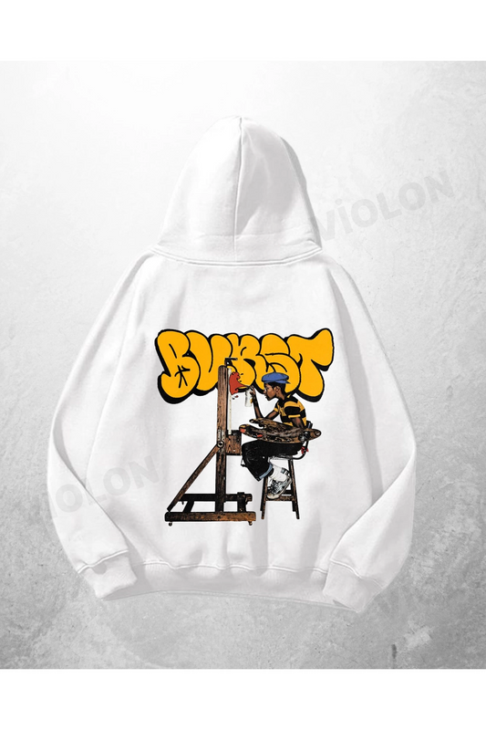 Beyaz Unisex BURST Graffiti Baskılı Oversize Hoodie Sweatshirt