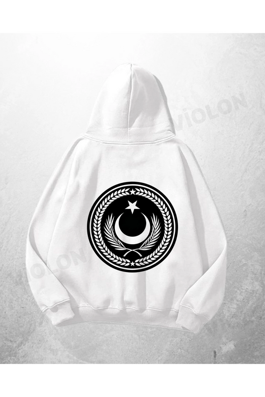Beyaz Unisex Crescent Star Baskılı Oversize Hoodie Sweatshirt