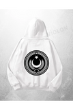 Beyaz Unisex Crescent Star Baskılı Oversize Hoodie Sweatshirt