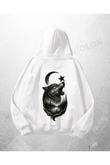 Beyaz Unisex Crescent Wolf Baskılı Oversize Hoodie Sweatshirt