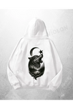 Beyaz Unisex Crescent Wolf Baskılı Oversize Hoodie Sweatshirt