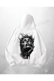 Beyaz Unisex Crown of Thorns Baskılı Oversize Hoodie Sweatshirt
