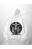 Beyaz Unisex Crucifixion Baskılı Oversize Hoodie Sweatshirt