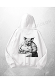 Beyaz Unisex Domuz Şef Baskılı Oversize Hoodie Sweatshirt