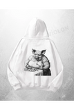 Beyaz Unisex Domuz Şef Baskılı Oversize Hoodie Sweatshirt